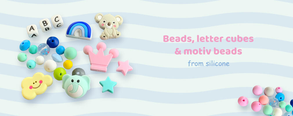 silicone beads, silicone letter cubes and silicone motif beads for makinf baby accessories like soother chains